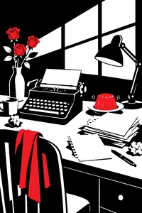 A cluttered songwriter's desk with a typewriter, a stack of torn-out love letters and a single wobbly pink blancmange on a plate.
