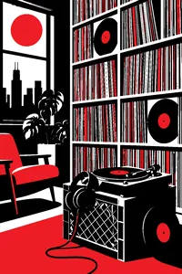 A towering wall of vinyl records in a dim apartment, a pair of DJ headphones and a turntable on a crate.