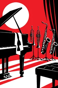 A gleaming brass horn section of trumpets and saxophones on stands, a tuxedo bow tie draped over a grand piano.