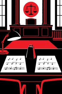 Two nearly identical sheets of music side by side on a courtroom table under a desk lamp, a cowbell between them.