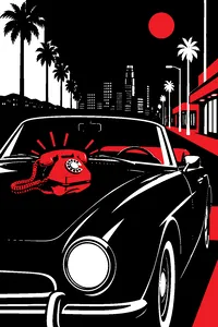 A red rotary phone ringing on the hood of a black convertible on a neon-lit Los Angeles street at night.