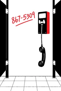 A bathroom stall wall with a single phone number scrawled in marker above a dangling payphone receiver, digits 867-5309.
