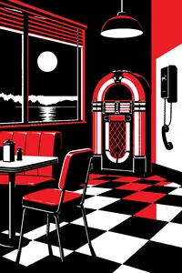 A glowing jukebox in an empty diner beside a wall-mounted phone with its receiver hanging off the hook, a moon outside the window.