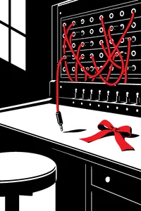 An old switchboard with tangled patch cords, one plug pulled out and dangling, a child's hair ribbon resting on the desk.