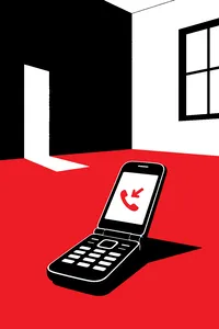 A flip phone glowing on the floor of an empty room washed in shifting pastel light, its screen showing a missed call.