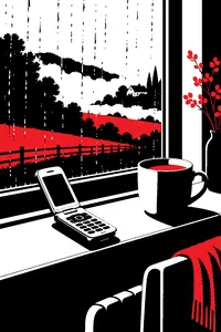 A silver flip phone lying open on a rain-streaked windowsill in a misty countryside house, a cup of tea going cold beside it.