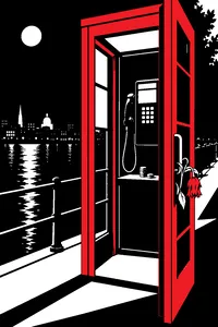 A phone booth at night with a stack of coins on the shelf and a single wilted flower tucked into the door handle.
