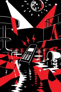 A cordless phone ringing on a sticky nightclub floor under strobe lights, surrounded by scattered yellow police tape and a diner coffee cup.