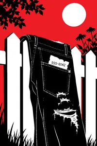 A torn scrap of paper with a phone number tucked into the pocket of ripped jeans hanging on a white picket fence in summer sun.