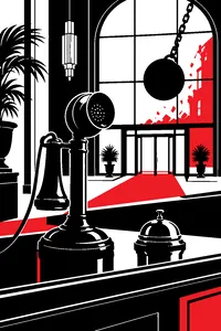 A black candlestick telephone on a grand hotel front desk next to a brass bell, a wrecking ball visible through the lobby window.