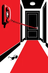 A beige wall phone with its coiled cord stretched taut across a hallway toward a closed door, a pair of sunglasses on the floor.