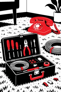 A telephone repairman's toolbox open on a shag carpet beside a pink princess phone and a coil of wire.