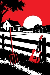 A rural farmhouse and barn at dusk with a pitchfork stuck in the ground and an electric guitar leaning against the fence.