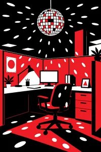 A disco ball hanging over an empty office cubicle, its light scattered across a desk and an abandoned swivel chair.