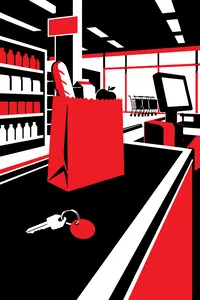 A grocery store checkout counter with a paper bag and a house key on a ring sitting on the conveyor belt.