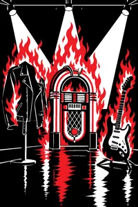 A leather jacket, a jukebox and an electric guitar bursting into flames on a dark soundstage.