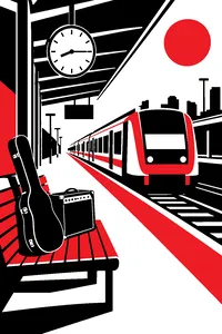 A commuter train pulling into a station platform at 8:15 by the clock, with an amplifier and guitar case left on a bench.