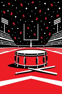 A snare drum and sticks on a football field end zone, confetti falling from a snowy sky.