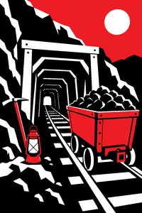 A coal mine entrance with a pickaxe, a lantern and a heavily loaded mine cart on rails.