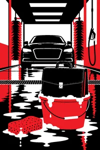 A car wash bay with a dripping sponge, a soapy bucket and a leather executive briefcase set on top of it.