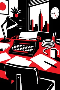 A typewriter on an office desk beside a coil of rope and a coffee mug, papers scattered.