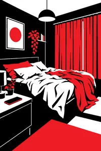 An unmade bed with a phone face-down on the nightstand and the curtains still drawn at noon.