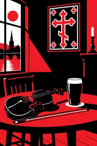 A fiddle and a pint glass on a sticky pub table beneath an Orthodox icon on the wall.