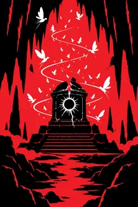 A green-lit underworld lair full of glowing insects swirling around a cracked reliquary.