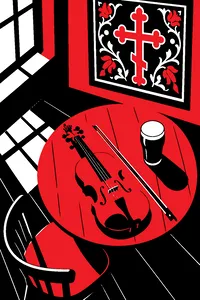 A fiddle and a pint glass on a sticky pub table beneath an Orthodox icon on the wall.