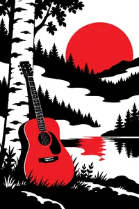 A single acoustic guitar leaning against a birch tree in a misty forest clearing.