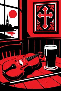 A fiddle and a pint glass on a sticky pub table beneath an Orthodox icon on the wall.