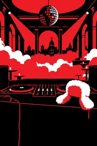 A neon-lit Madrid nightclub with a fur hat on the DJ booth.