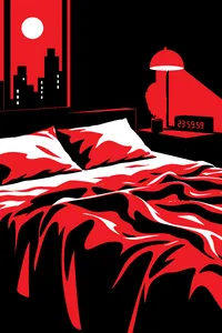 A satin-sheeted bed under a red lamp with an alarm clock frozen at the last second before midnight.