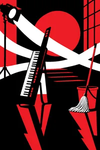 A dramatic 1990s synth-pop music-video set with fog, a keytar and a mop and bucket standing by.