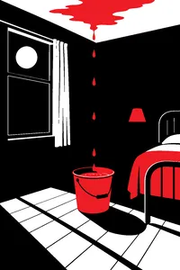 A 1960s bedroom with a single bucket on the floor catching drips from a ceiling under a moonlit window.