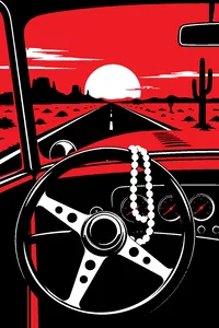 A string of pearls draped over a hot-rod steering wheel in a Texas desert sunset.