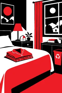 A tidy suburban bedroom with folded pajamas, a recycling bin and a kitchen timer set to two minutes.