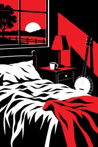 A rumpled bed beside a 1960s country-TV-show banjo and a lone cold cup of coffee on the nightstand.