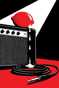 A single lemon on a vintage amplifier, juice dripping down onto a coiled guitar cable.