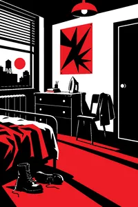 A cramped 1977 bedroom with a punk poster, a clothes iron on the dresser and a slammed door.