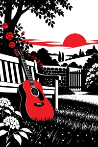 An acoustic guitar leaning on a garden bench in an English country garden at sunrise, dew on the grass.