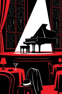 A grand piano on an empty 1930s nightclub stage, rain streaking the tall windows behind it and a single spotlight.