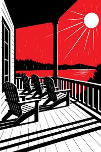 A bright blue sky with sunshine and rain falling at the same time onto an empty porch with four wooden chairs.