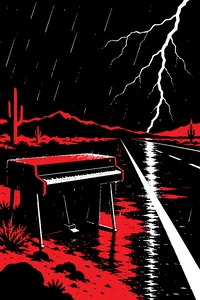 A dark desert highway at night under lightning, rain sheeting across a vintage electric piano left on the shoulder.