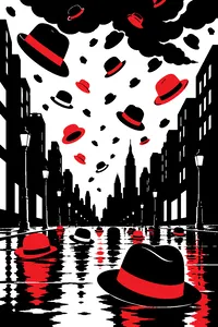Dozens of men's fedoras and bowler hats falling from a stormy sky onto a wet city street.