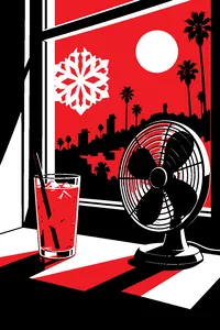 A sweating glass of iced tea and an electric fan on a sunny Hollywood windowsill, a paper snowflake taped to the glass.