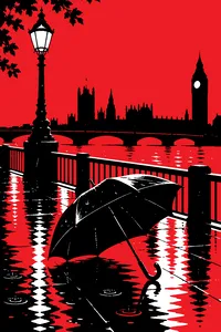 A glossy black umbrella open on a flooded London pavement, rain bouncing off it under a streetlight.