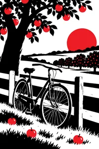 An old bicycle leaning against a wooden fence in a sunny orchard, a few apples on the ground.