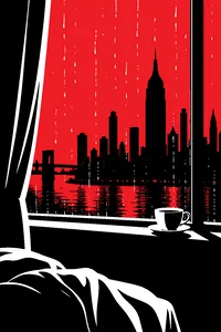 A gray New York skyline seen through a rain-streaked hotel window, a teacup on the sill.