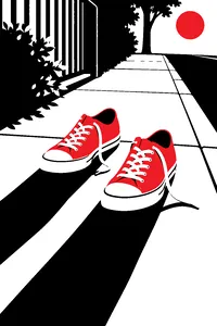 A pair of bright yellow sneakers on a sunlit sidewalk, long cheerful shadows stretching behind them.